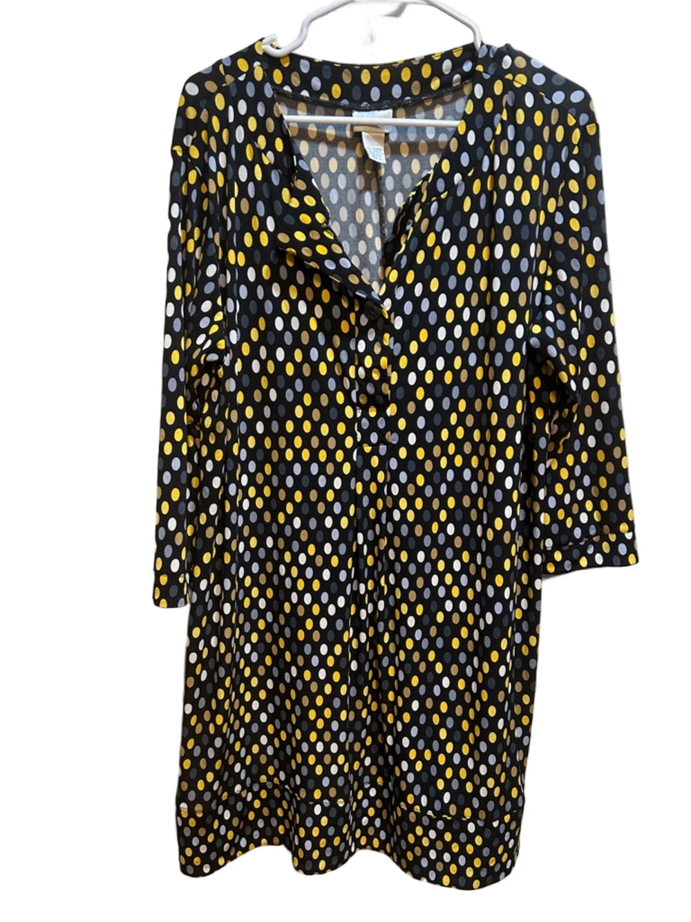 🐕‍🦺Chico’s Polka Dot V-Neck Shift Dress in Black, Yellow & White size 3 GUC